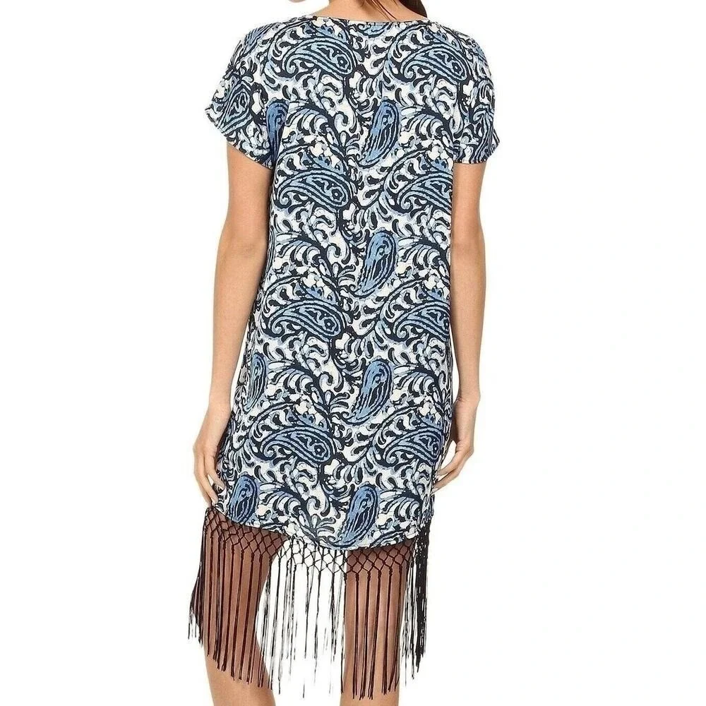 Michael Kors Fringe Trim Paisley Print Dress Womens XL Blue Batik Resort Summer - Picture 3 of 12